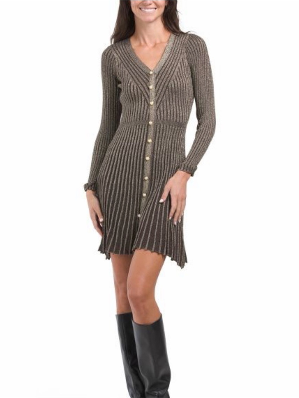 Taylor Olive-Brown Ribbed Button-Front Mini Dress